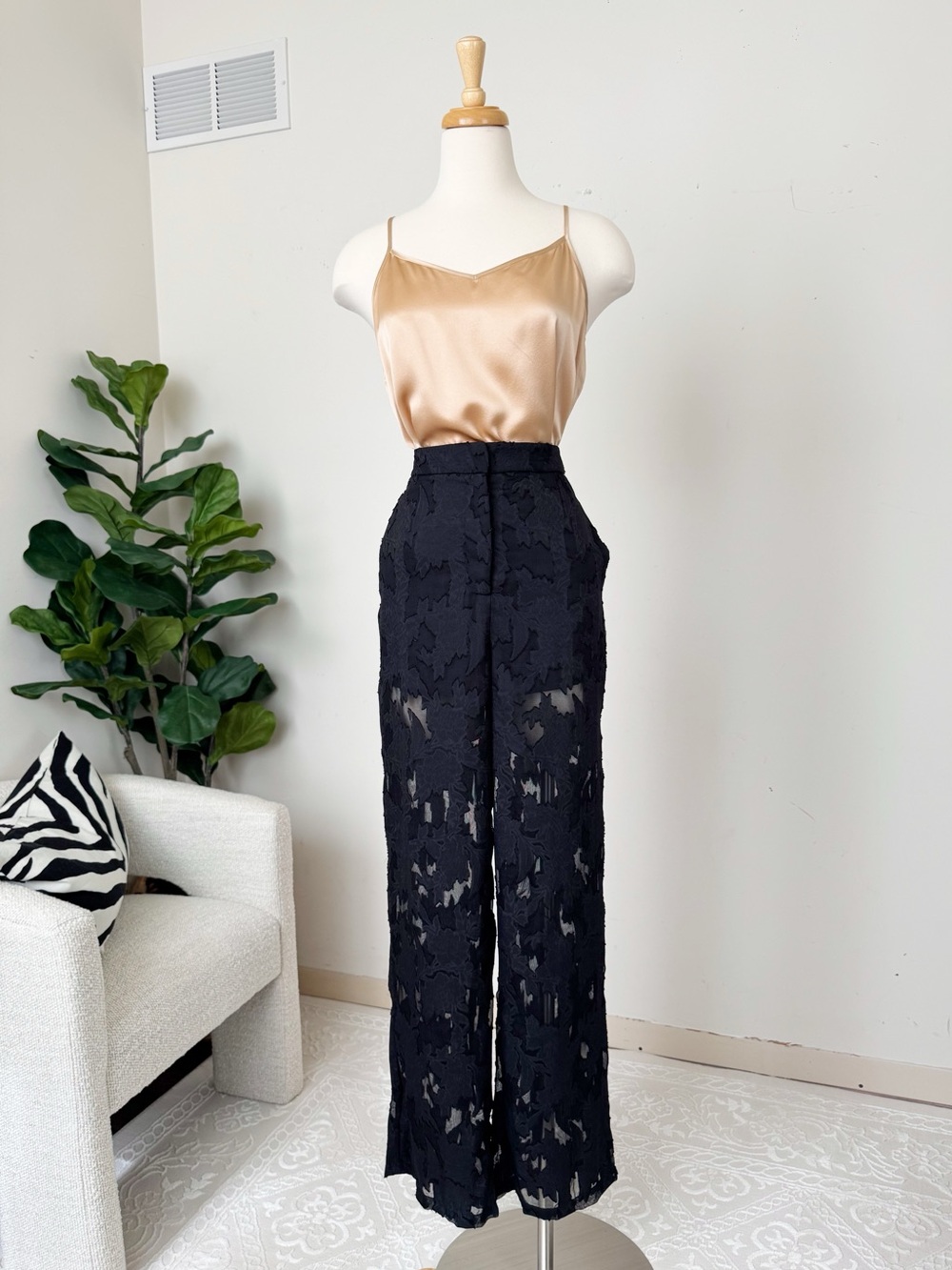 H&M Black Textured Wide-Leg Trousers